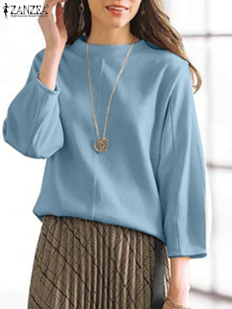 

ZANZEA Women Fashion Knitting Blouse Tops 3/4 Sleeve Solid Color Loose Shirt Female Casual Elegant Blusas Spring Holiday Chemise