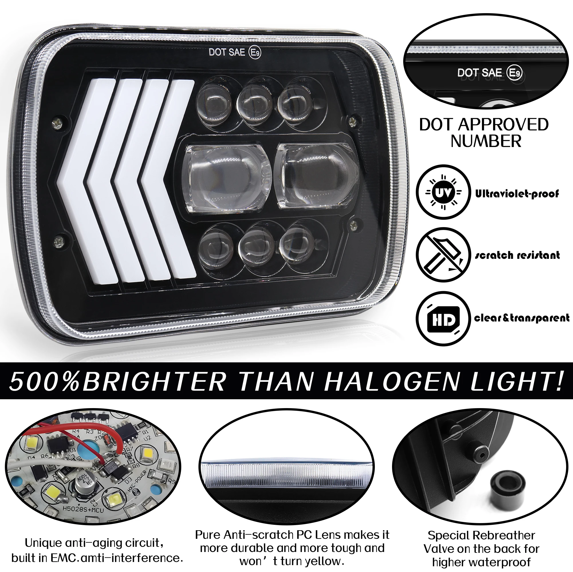 5X7 квадратных 7-дюймовых светодиодных фар Wrangler с затемнением внедорожного пикапа