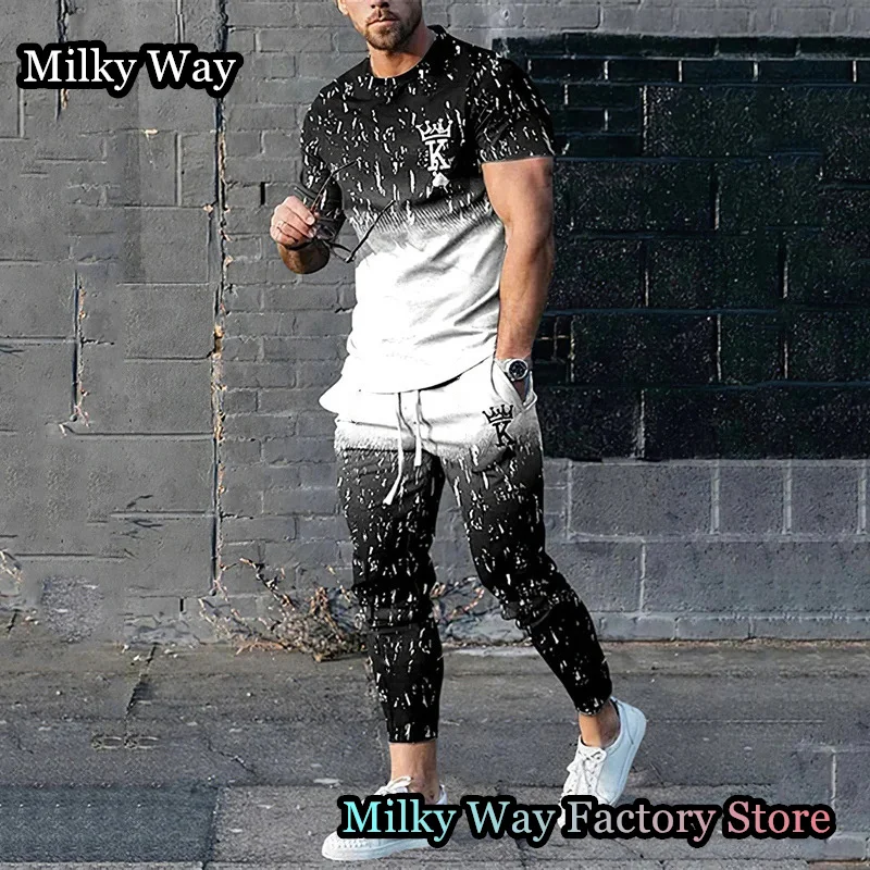 Summer Men Tracksuit 2 Pieces King Printing T-Shirt Trousers Set Casual Jogging Suit Fashion Trend Outfit Male Cool Streetwear