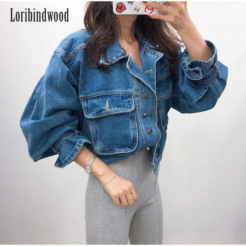 

2022 Women's Denim Jacket Short Fashion Loose Wild Puff Sleeve Chic Pocket Denim Coat Outwear Streetwear Jeans Jackets