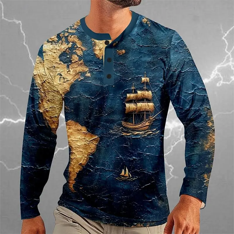 Футболка мужская оверсайз с длинным рукавом и принтом морской карты