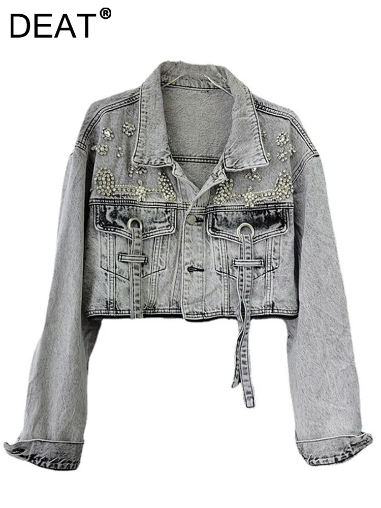 

DEAT Women's Denim Coat Long Sleeve Embroidered Flares Beading Ribbon Do Old Grey Short Jackets 2023 Summer New Fashion 29L2121