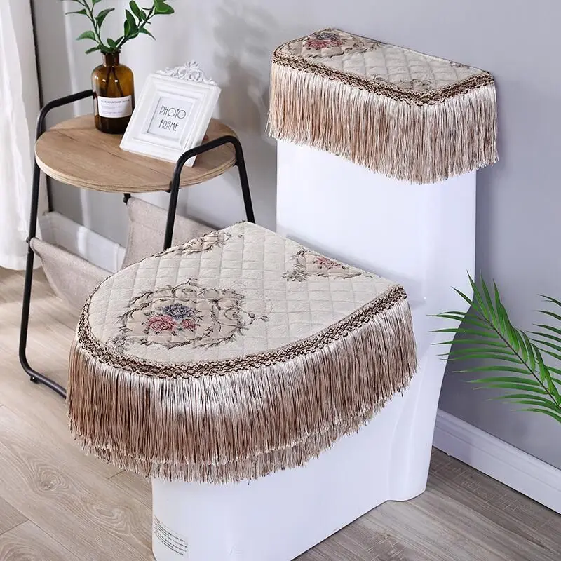 

New Fabric Toilet Three Piece Set All Seasons Universal Zipper Toilet Seat Ring Home Toilet Lace Toilet Cover