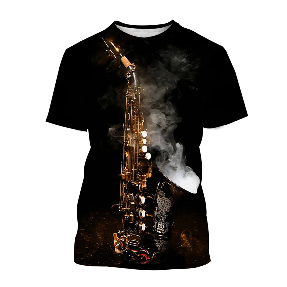 

New Men's Street Casual Music Element 3D T-shirt Hip-Hop Saxophone Pattern Print Tops Fashion Trend Handsome Round Neck Clothing