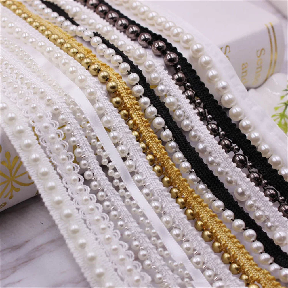 

1Pcs Pearl Ribbon Lace Vintage White Black Beaded Lace Fabric DIY Garment Collar Sewing Supplies Material Sewing Accessories