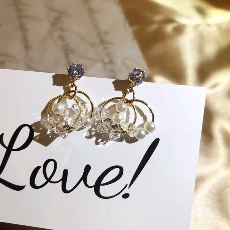 

Elegant New Design Fashion Jewelry Goold Circle Hoop Earrings For Women Strung With Pearls Crystal Stone Wedding Earrings Gift