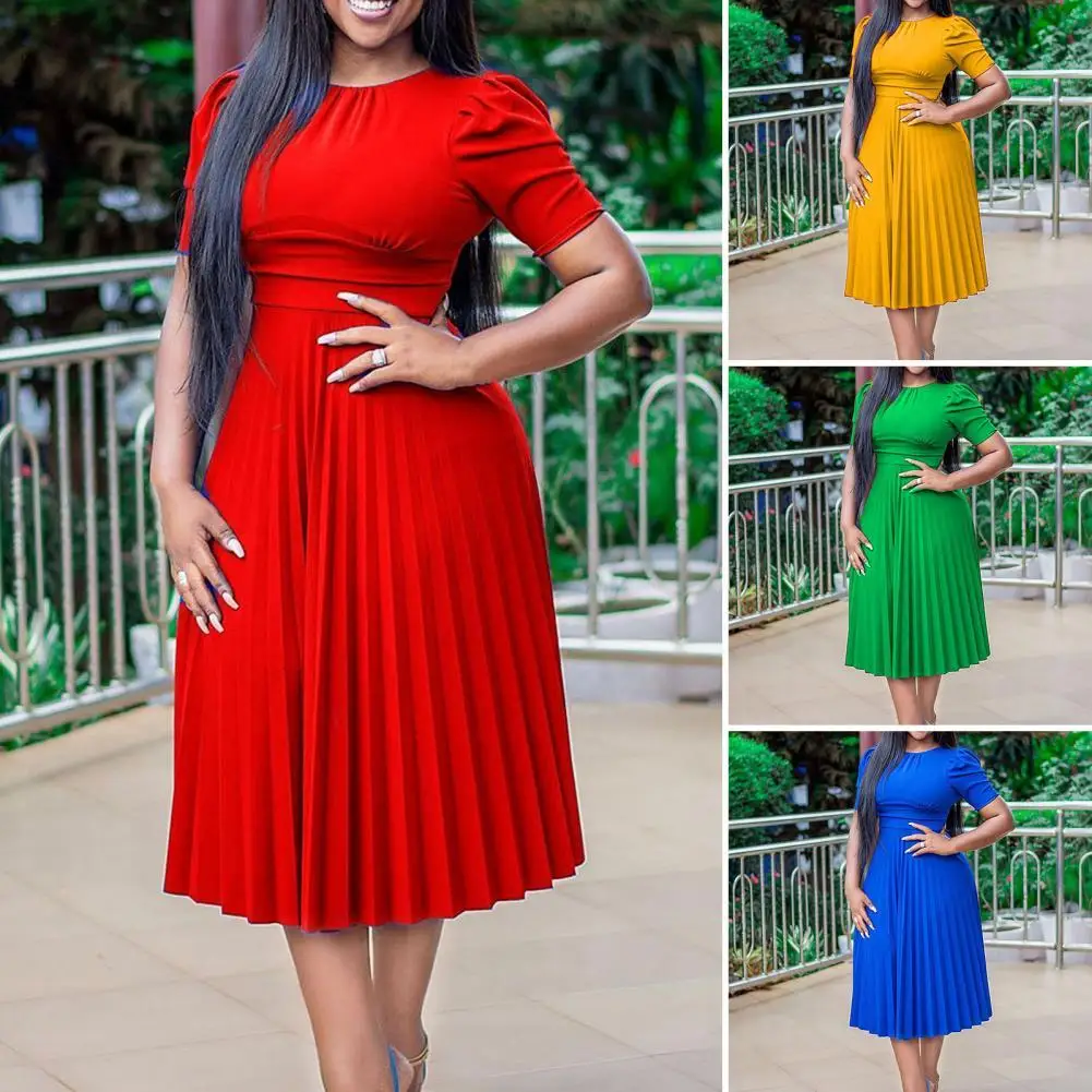 

Office Dress Round Neck Women Dress Solid Color Short Sleeve A-Line Dress