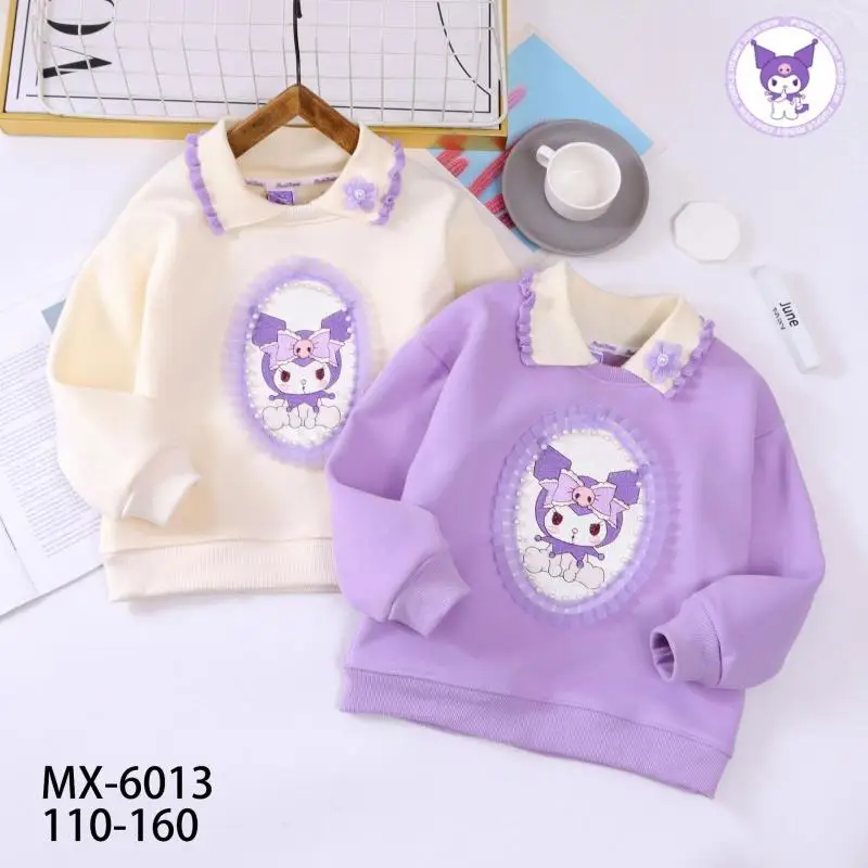 

Sanrios Children Kuromi Winter Models Hoodie Lace Collar Plus Velvet All-In-One Velvet Jacket Versatile Kids Clothing Girl Cute