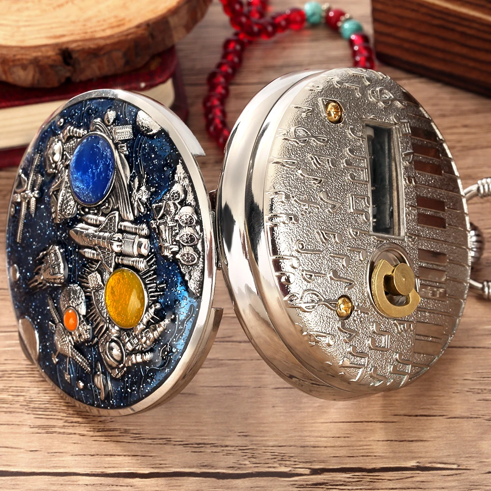 Creative Music Pocket Watch Pendant Luxury Space Series Quartz Pocket Watch Gift for Men Silver Fob Clock Relógio De Bolso