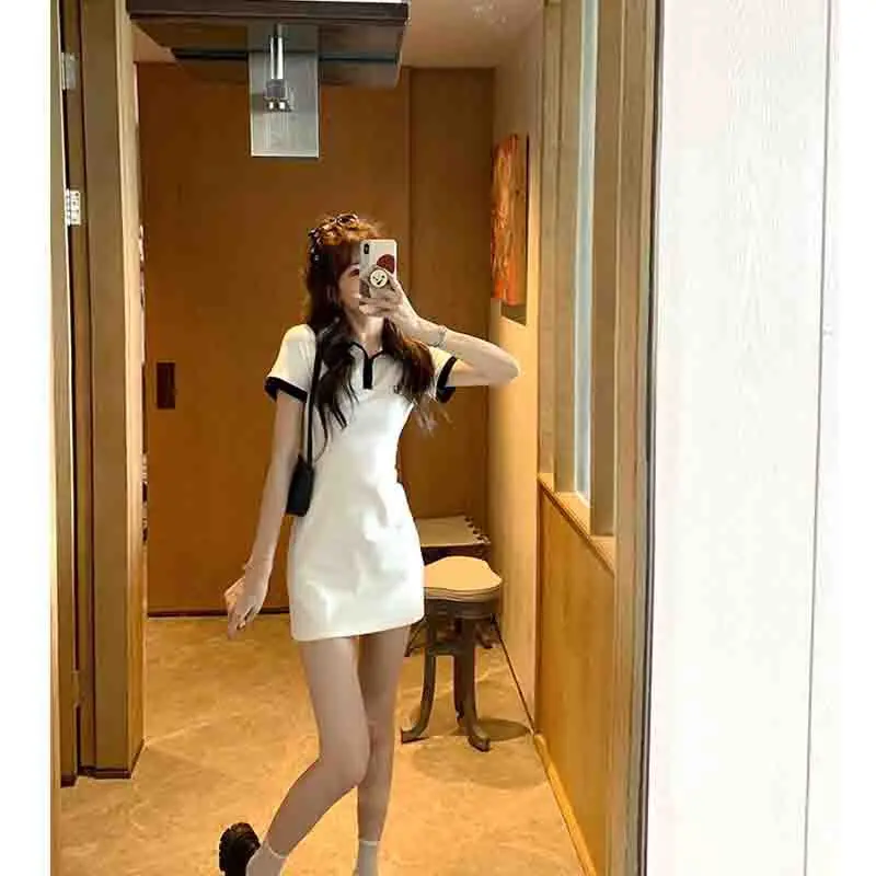 

Cute Lapel Short Sleeve Dress Summer Sweet Girl Slim T-Shirts Mini Dresses Street Fashion All-Match Basic Clothing Kawaii Robe