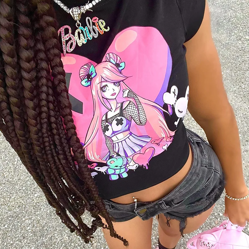 Милая и женская футболка с принтом облегающий кроп-топ аниме Kawaii дешевая оптовая