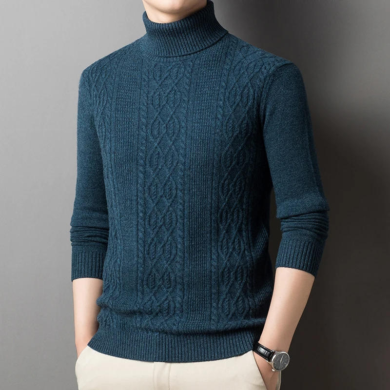 Top Grade Men's Thick 100% Sheep Wool Clothing Winter Turtleneck Cashmere Sweater High Collar Warm Wool Plaid Knitwear
