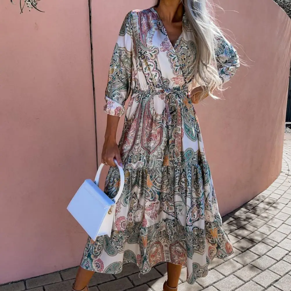 

Женское платье Бохо С V-образным вырезом и рукавом 3/4, Платье Бохо на шнуровке в стиле ретро, вечернее платье до колен с цветочным принтом и об...