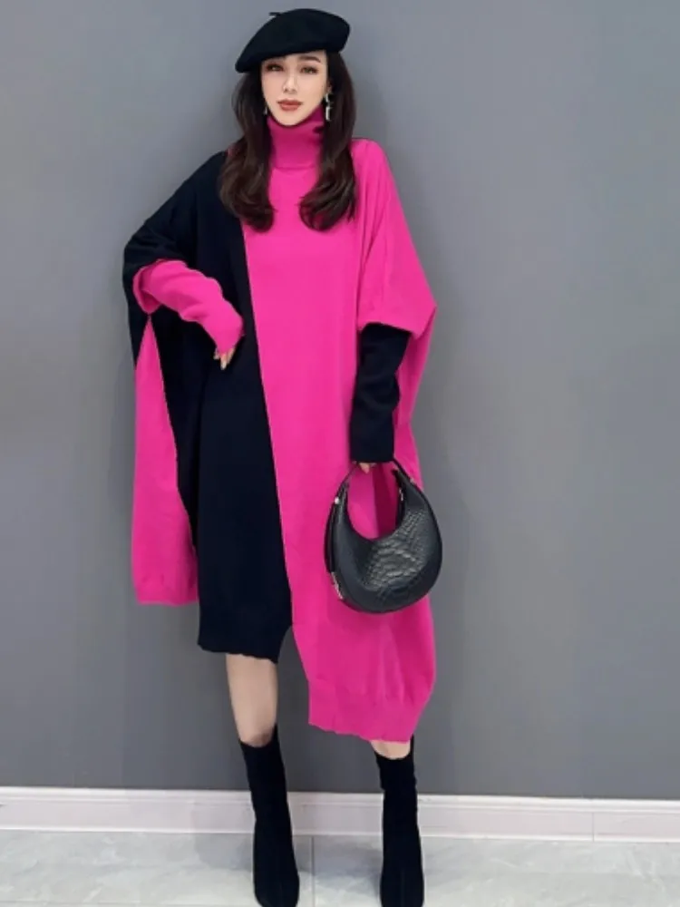 

Женское трикотажное платье-свитер URIOR, контрастное асимметричное платье средней длины с высоким воротником, Осень-зима 2023