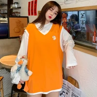 colorblock fake two piece vest long sleeve t shirt graphic kawaii aesthetic women clothes gothic tee grunge clothing student top