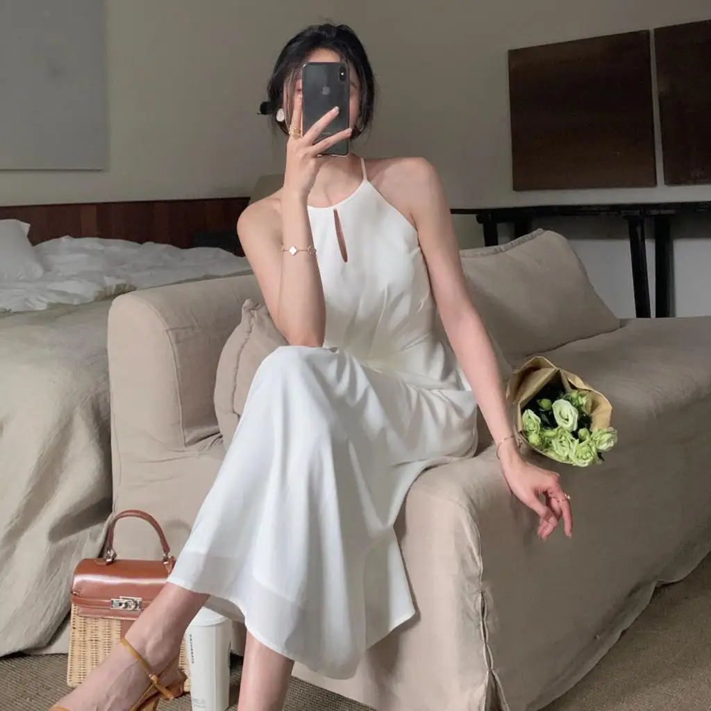 

Vintage Solid Sleeveless Chiffon Dress for Women Elegant Female White Dresses Korean Fashion Vestidos Suspenders Summer 2022 New