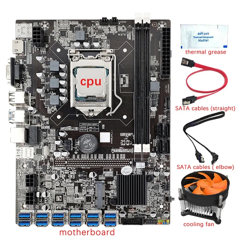 B75 12 GPU BTC Mining Motherboard+CPU+Fan+Thermal Grease+2X SATA Cable 12 USB3.0 To PCIE1X Slot LGA1155 DDR3 RAM SATA3.0