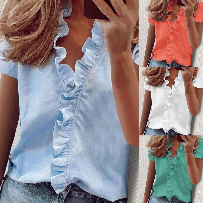 

Short Sleeve Shirts Ladies Tops Summer Blouse Office Lady Women's Clothing New Fashion Ruffle V-Neck Solid Shirt Casual Female