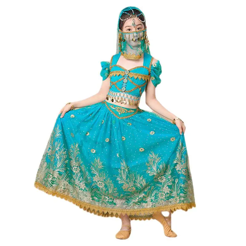 

Kids Girls Jasmine Princess India Belly Dance Top Dress Set Arabian Sari Stage Costume Clothes Bollywood Children Rave Outfit