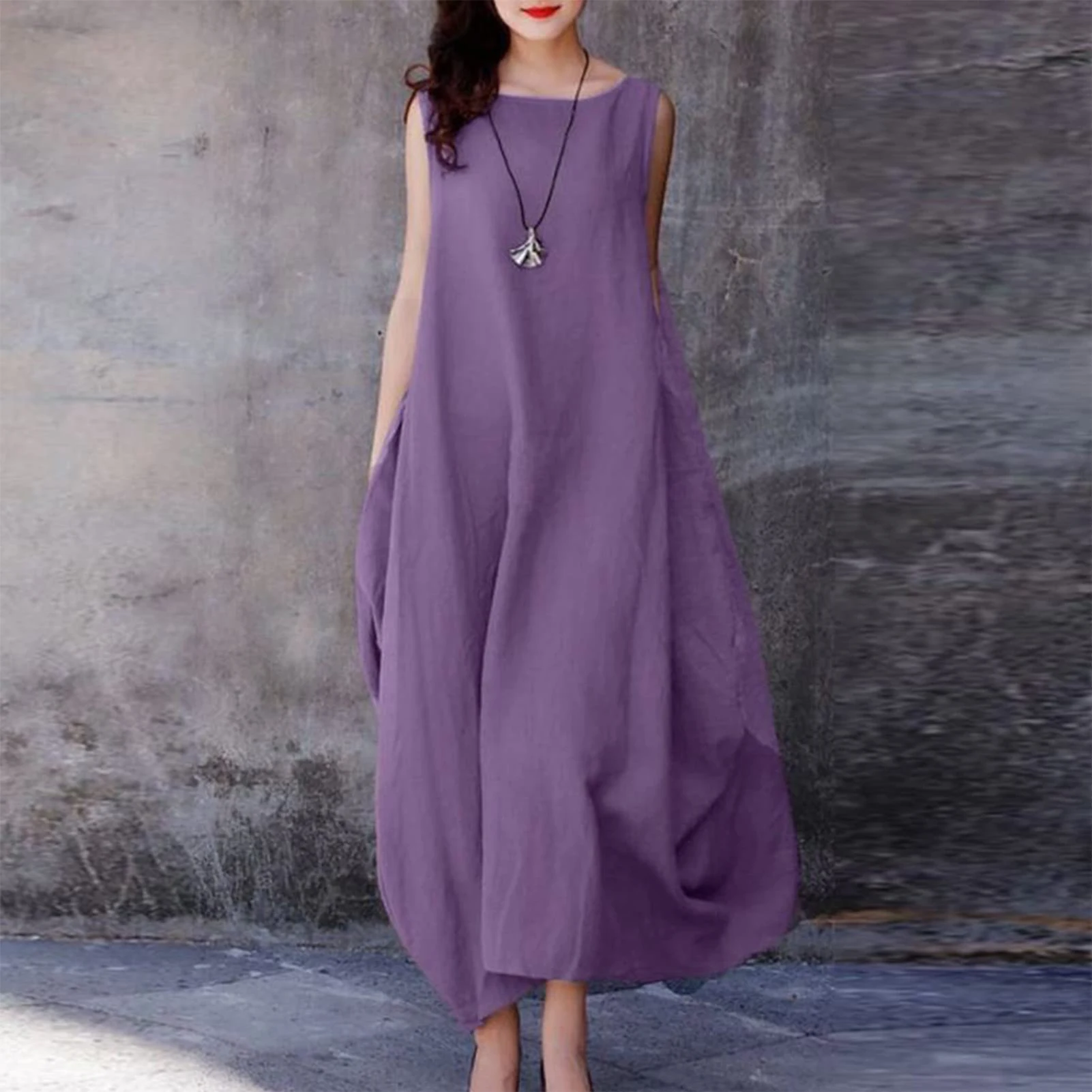 

Vintage Cotton Linen Long Dresses for Women Summer Solid Color Sleeveless Boho Maxi Dress Pocket Loose Tank Dress 2023
