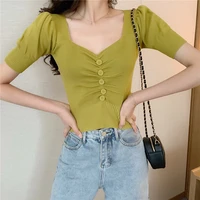 summer chic puff sleeve cropped tops ladies sexy t shirts women vintage v neck single breasted slim tshirt streetwear knitted