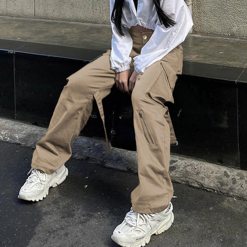 

Summer Fashion Slim Solid Color Big Pockets High Waist Tatting Women Cargo Pants Baggy Trousers Y2k Joggers Straight Pants