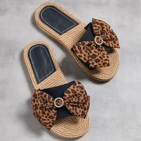 ladies leopard shoes women summer slippers artificial straw flower slides female bows floral slippers outdoor non slip slippers