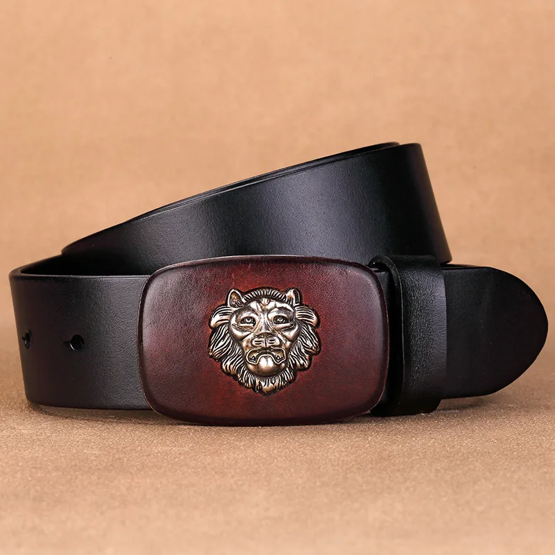 High Quality 3.8cm Width Wide Men Tiger Smooth Buckle Retro Genuine Leather Belt Cowboy Belts Jeans Waistband Black Coffee Brown