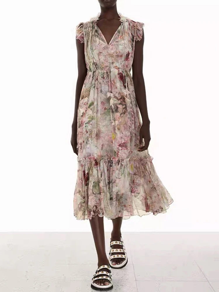 

Ruffle Print Lace Up Elegant Dress Woman ​Spliced Lace Beach Vacation Long Dress Casual 2022 Summer Fashion Women'S Clothin