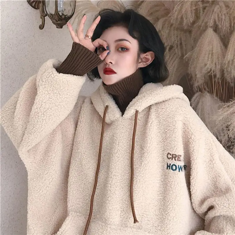 

Women Hoodies Lamb Wool Fake Two-piece Hooded Sweatshirts 2022 Knitted Tops Coats Ladies Winter Autumn Warm Pullovers
