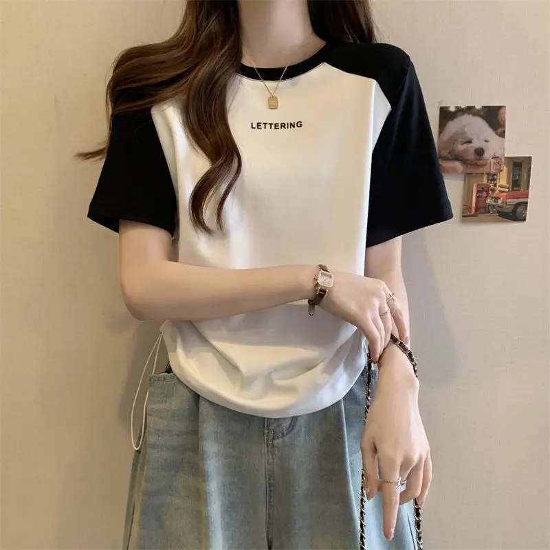 

Yasuk Summer Fashion Casual Pullover Women's Short Sleeve Cotton Tees Top Simple Sport Solid Patchwork
