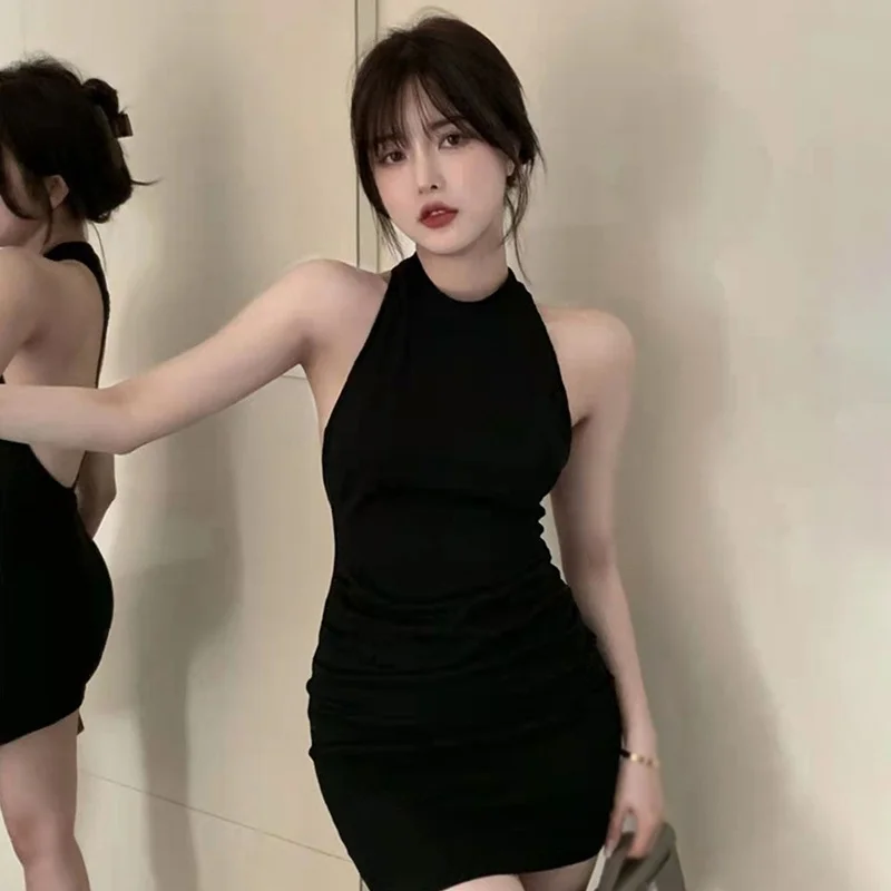 

Sexy Women Black Backless Short Dress Female Hanging neck Solid color Slim Fitting Dress Tank Tight Dress