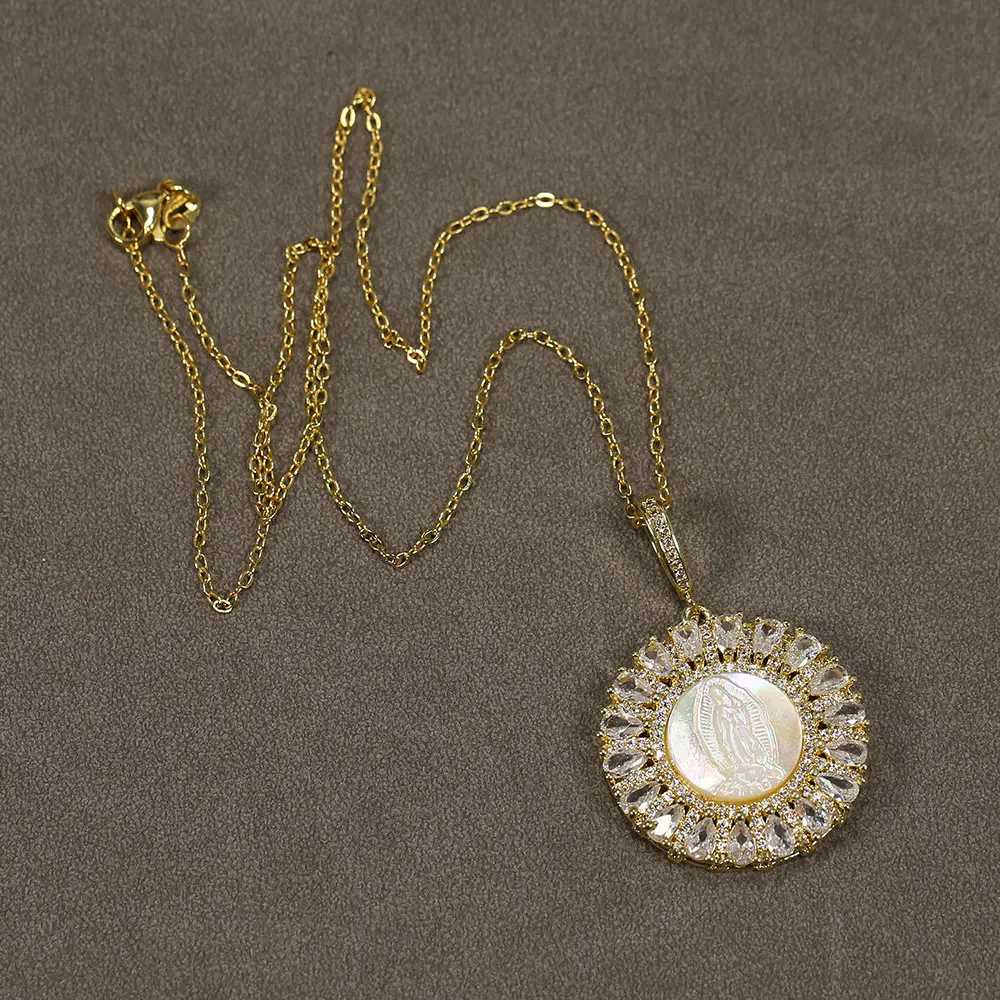 

GuaiGuai Jewelry Shell Mop White Cameo Virgin Mary Clear CZ Micro Paved Pendant Chain Necklace Lady Girls Fashion Gifts