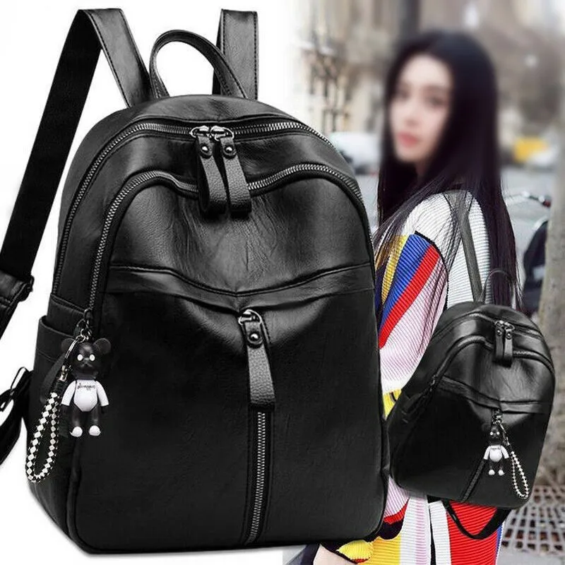 Women Solid Black Casual Wild Backpack Female Large Capacity Zipper Closure Fashion Daypack Satchel With Bear Pendant