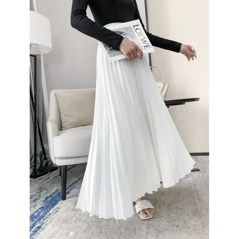 

Spring Summer Women Long Pleated Skirt Elastic High Waist Elegant Solid Color High Quality Fabric A-line white Midi Skirts