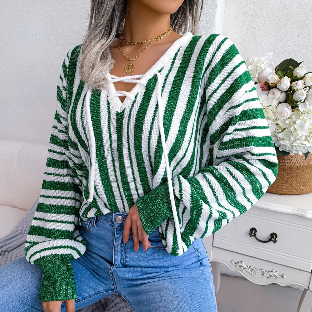 

Ins Hot Green Striped Sweater Fashion Women Corss Criss Autumn Long Sleeve Top Casual Female 2022 Winter Knitted Pullover Jumper