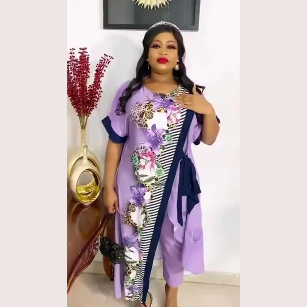 

2022 Summer Sexy African Women Short Sleeve O-neck Polyester Printing Two Pieces Sets Top and Long Pant African Suit