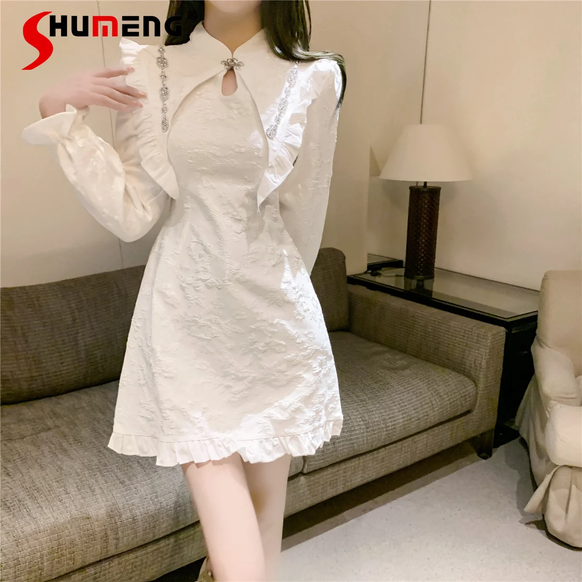 

Женское весенне-осеннее платье выше колена с оборками, милое однотонное ТРАПЕЦИЕВИДНОЕ ПЛАТЬЕ с пышными рукавами, 2022