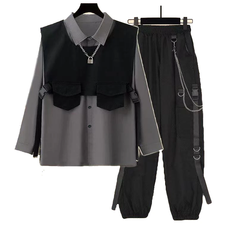 

2022 Spring Autumn Harauku Loose long-Sleeved Shirt + waistcoat Vest+High Waist Cargo Pants Three-Piece Suit for Women