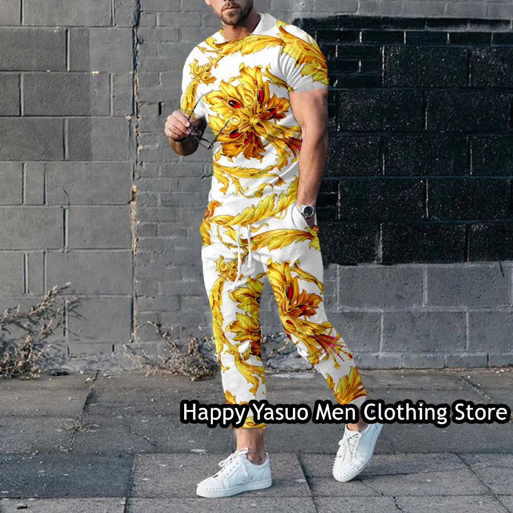 Summer Men‘s T Shirt Trousers Set Luxury Gold Print Male Clothes Outfit Fashion Tracksuit 2 Piece Suit Casual Jogging Sportswear