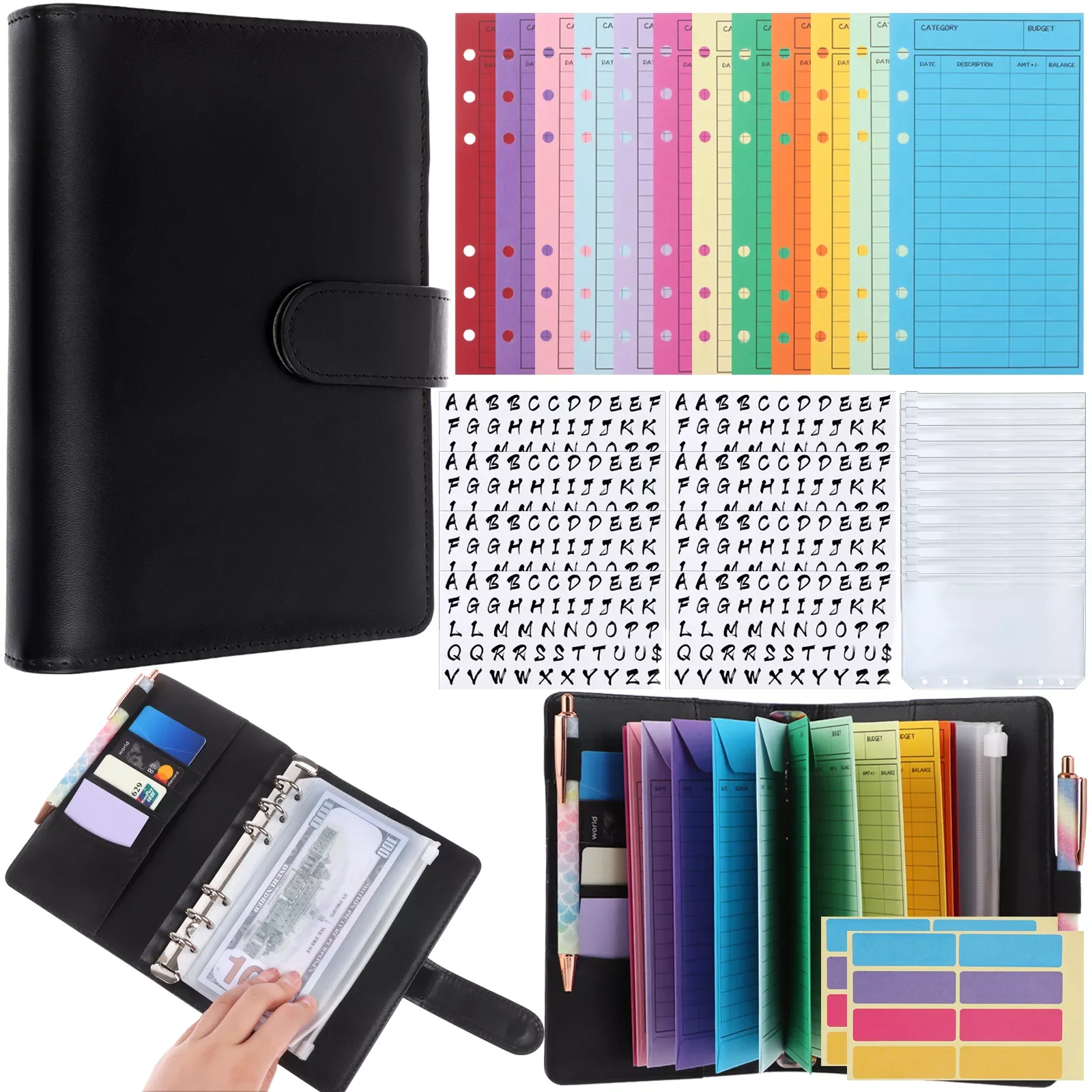 

33pcs/set A6 PU Leather Folder Budget Cash Envelope System Budget Planning Expenditure Budget Sheet and Labels for Bills Notepad