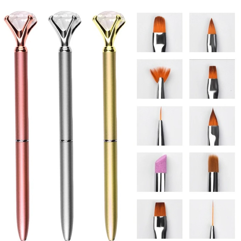 

Gold and Silver Rose Crystal Nail Art Brush Set Replacement Head Cuticle Remover Painting Liner Design Tool