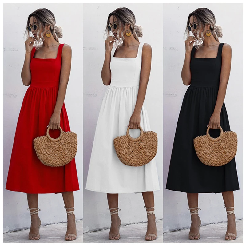 

Slash Neck Sling Sleeveless Women's Summer New Fashion Midi Dress 2022 Casual Solid A Line Empire Sexy Backless Woman Vestidos