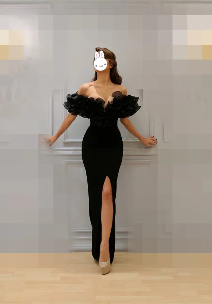 

Sexy Black Off Shoulder Mermaid Evening Dress 2019 Plus Size Front Split Cheap Arabic African Formal Prom Dresses
