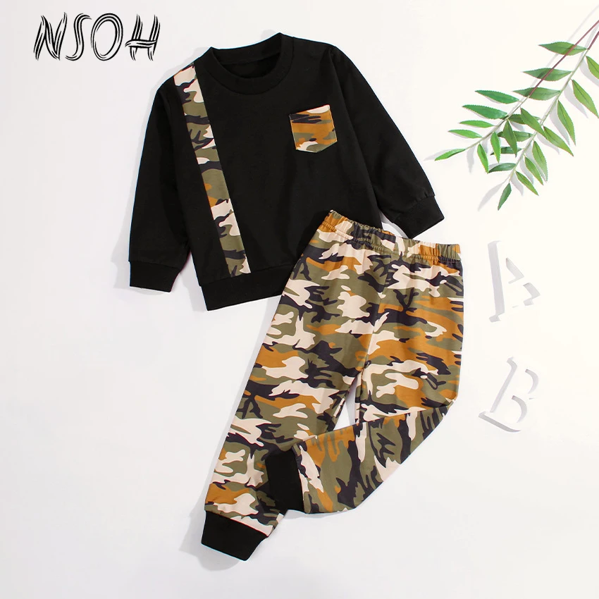 NSOH Spring New Boy's Suit Clothes Round Neck Pullover Camouflage Suit 2Pcs/Sets Cotton Kid Fashion 