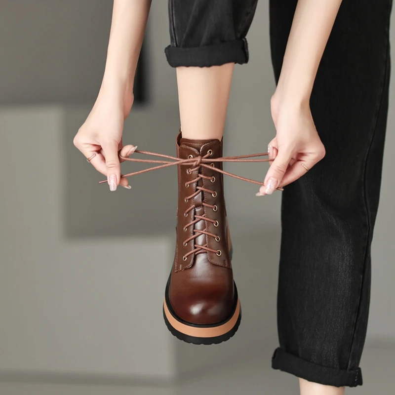NEW Autumn Boots Women Genuine Leather Round Toe Platform Boots Height Increasing Lace-up Casual Boots Solid Short Boots Women