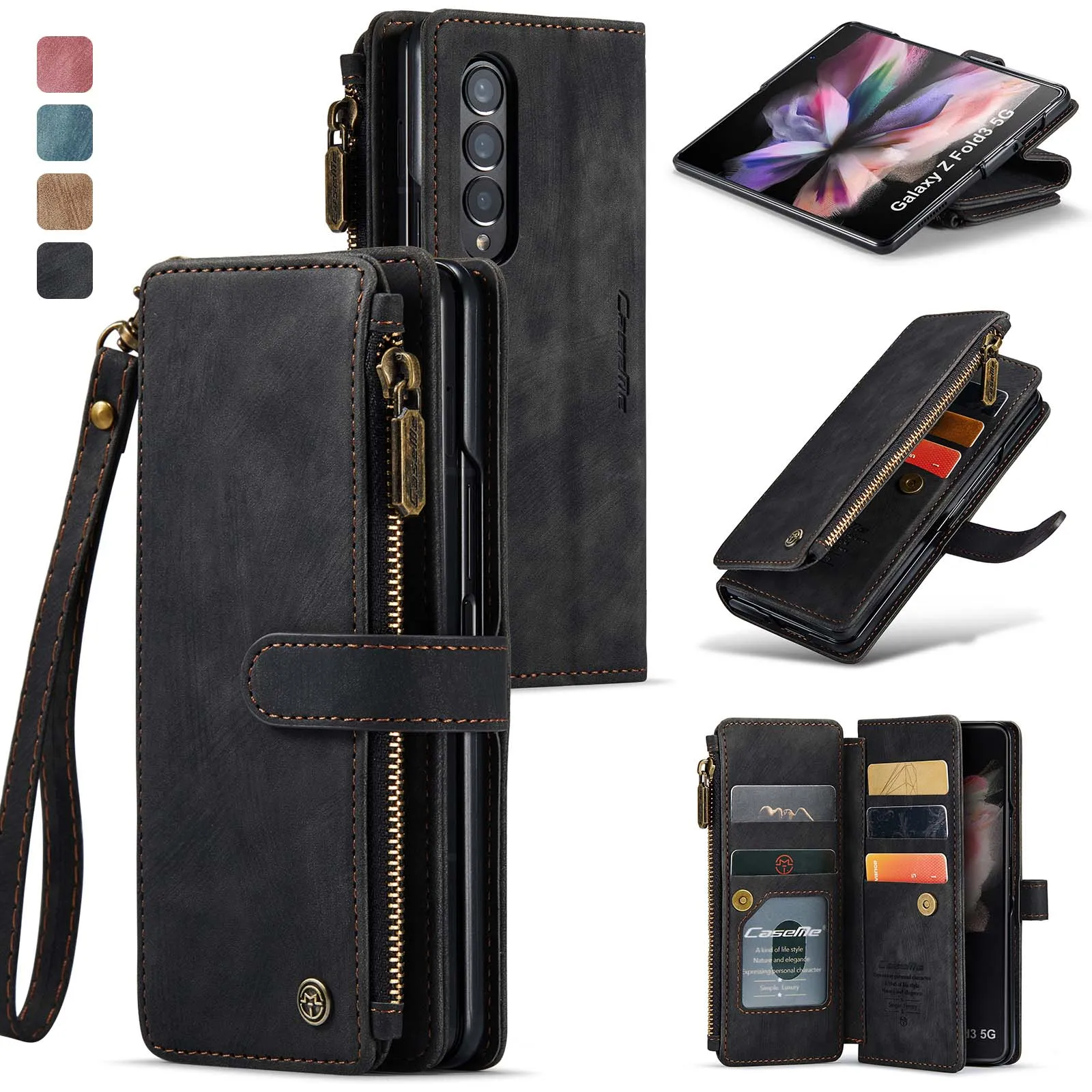 

Чехол для Galaxy Z Fold 5, Винтажный чехол Caseme с ремешком на запястье, карманом на молнии, магнитным кошельком и отделениями для карт, чехол для телефона Samsung Z Fold 4 3