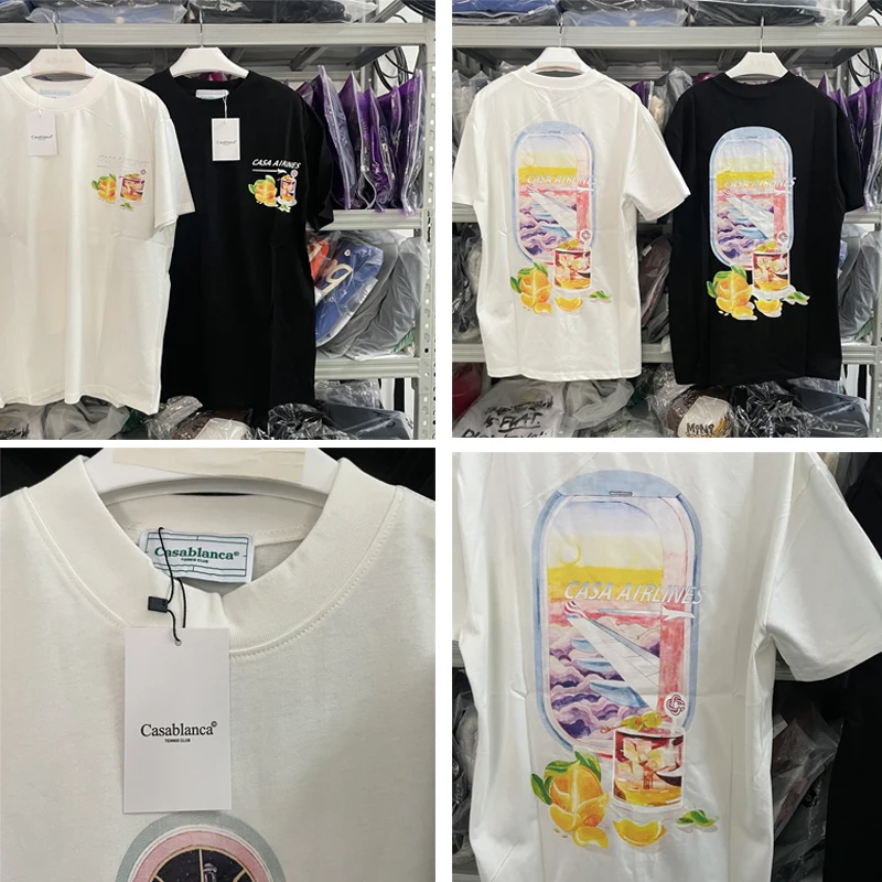 

23SS New Fasion Casablanca Plane Dining Window Printed T-Shirt Loose Casual Men's Women's Fashion Short-Sleeved Top Goth