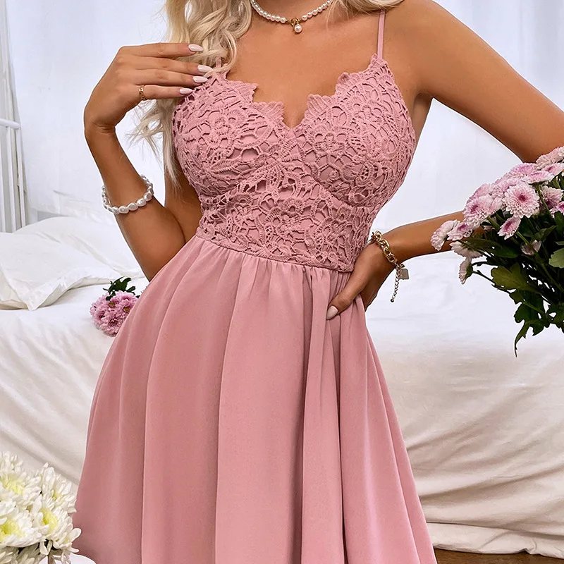 

Women's Clothing 2022 Fashion New Silk Satin Texture Hollow Design Suspender Dress Temperament Hem Slit Female Chic Dress Robe