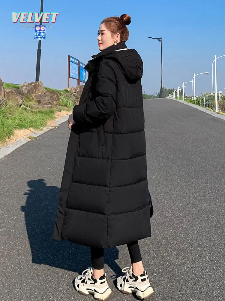 VelvetElement Parka Coat Extra Long Winter Jacket Women Hooded Pocket Zipper Female Lady Windbreaker Coat Casual Outwear Clothes